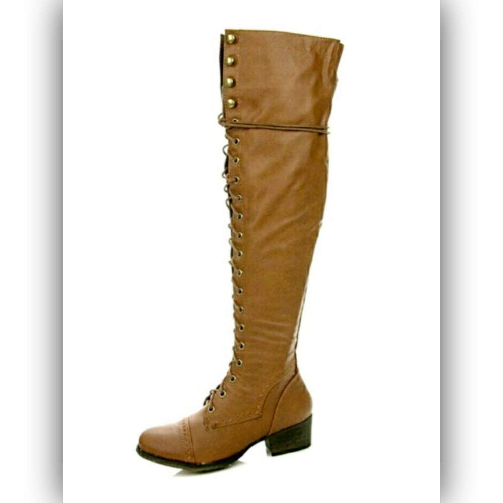KNEE HIGH TAN LACE UP BOOTS - Picture 4 of 4